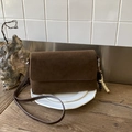 Dark brown faux suede crossbody bag with minimalist flap and beaded tassel pendant charm - Coffee with Pendant