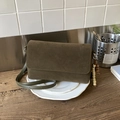 Dark olive green faux suede crossbody bag with vintage wooden bead tassel decoration - Green with Pendant
