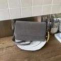 Minimalist grey suede crossbody flap bag with decorative wooden beads and thin strap - Gray With Pendant
