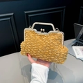 Sac de soirée élégant en tweed doré avec poignée métallique et longue bandoulière - Jaune