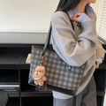 Gray and black plaid tote bag with faux leather trim and a brown teddy bear charm - Black With Pendant