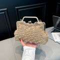 Sac à main chic en tweed doré avec fermoir perlé et poignée en métal rigide - Kaki