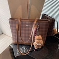 Brown plaid tote bag with silver metal bar and plush dog keychain accessory - Coffee with Pendant