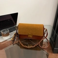 Retro shoulder bag in caramel suede and brown leather with beaded fringe and chain strap - Frosted Brown with Pendant