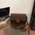 Retro dark brown crossbody bag in mixed suede and leather with chain strap - Frosted Coffee with Pendant