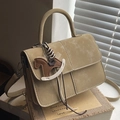 Brown matte leather crossbody square bag with wooden horse charm and flap closure - Khaki