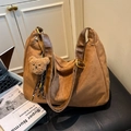 Brown suede hobo tote bag with a cute bear pendant and adjustable dark brown strap - With Pendant / Brown