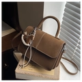 Brown retro leather handbag with white stitching and horse charm for women - Brown