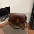Dark brown retro leather crossbody bag with golden FF buckle and beaded tassel detail - Coffee with Pendant