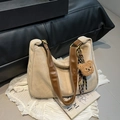 Beige suede tote bag with brown straps and a cute teddy bear plush charm attached - With Pendant / Khaki