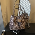 Large capacity canvas tote bag with vintage leopard print and brown plush bear charm - Leopard Khaki With Charm