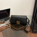 Retro black leather chain shoulder bag with golden geometric buckle and tassel - Black with Pendant
