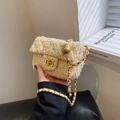 Schicke beige Tweed Mini Umhängetasche mit goldener Kugelkette und Retro-Drehverschluss - Beige