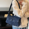 Retro dunkelblaue gewaschene Denim-Schultertasche mit Silberknöpfen und Klapptaschen - Dunkelblau