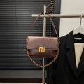 Vintage brown leather crossbody bag with golden chain and geometric metal lock - Coffee without Pendant