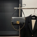 Retro black faux leather shoulder bag with gold geometric logo and chain strap - Black without Pendant