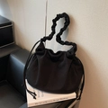 Minimalist black corduroy pleated hobo bag with a stylish ruffled shoulder strap design - Black