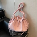 Light pink corduroy crossbody bag with ruched handle and drawstring details - Pink