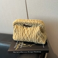 Quilted ginger yellow knit shoulder bag with gold chain strap for daily storage - Khaki