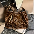 Retro leopard print faux suede tote bag with brown leather trim and beaded charm - Leopard Print