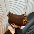Dark brown lychee leather hobo bag with gold hardware and a cherry charm - With Pendant / Brown
