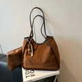 Vintage brown suede leopard print tote bag with long leather handles and charm - Brown