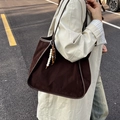 Large dark brown faux suede leopard style tote bag with decorative wooden beads - Brown