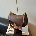 Dark brown pebble leather crescent underarm bag with gold chain and logo detail - Without Pendant / Brown