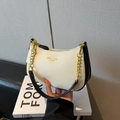 Chic beige and black half-moon shoulder bag with lychee texture and gold chain - Without Pendant / White