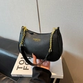 Black lychee texture half-moon underarm bag with gold chain and brand logo detail - Without Pendant / Black