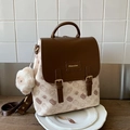 Chic cream and brown backpack featuring cute cat prints and a plush charm - Coffee with Pendant