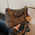 Leopard print crossbody tote bag with adjustable brown strap and plush bear charm decor - Green with Pendant