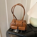 Retro dark brown leather Boston bag with long double handles and multi-pocket design - Brown