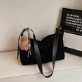 Large black suede hobo shoulder bag with a cute brown plush bear charm and zip closure - Black with Pendant