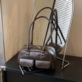 Vintage dark brown faux leather Boston bag with dual front pockets and long handles - Brown