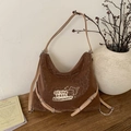 Brown leopard print hobo backpack with adjustable leather strap and letter embroidery - Khaki (No Pendant)