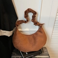 Brown vintage suede crescent bag with minimalist scrunched handle and smooth zipper - Brown