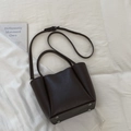 Dark coffee brown bucket tote bag in pebbled leather with top handles and strap - No Pendant / Brown