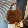 Dark brown faux fur crossbody bag with leather handles for women autumn winter style - Brown