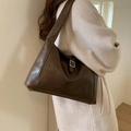 Dark brown retro leather tote bag with vintage texture and silver buckle strap - Brown
