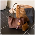 Brown faux suede tote bag with small zipper pouch and decorative teddy bear pendant - Coffee with Pendant