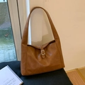 Brown vintage faux leather hobo shoulder bag with metal buckle and large capacity - Tan
