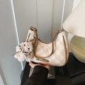Beige plaid hobo shoulder bag with brown leather handle and cute plush bear charm - Underarm Bag (Style 2) / Style 2 Khaki (Tassels) with Pendants