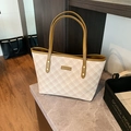 Chic beige and pink plaid tote bag with olive green handles and gold hardware details - Tote Bag (Style 1) / Style 1 Khaki without Pendants