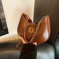 Brown vintage hobo bag with round gold metal lock and chunky chain strap for women - Brown