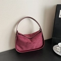 Burgundy faux suede hobo bag with leather trim and gold hardware for women - Red
