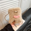 Hellbraune Plüsch-Umhängetasche Monster-Design mit Comic-Augen und rosa Füßen - Khaki