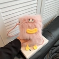 Rosa flauschige Monster Plüschtasche zum Umhängen mit gelben Lippen und Augen - Rosa