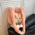 Pink fluffy plush rabbit tote bag with cartoon face and striped dangling legs design - Pink