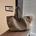 Chic leopard print tote bag in brown suede finish with wide double handles - Khaki